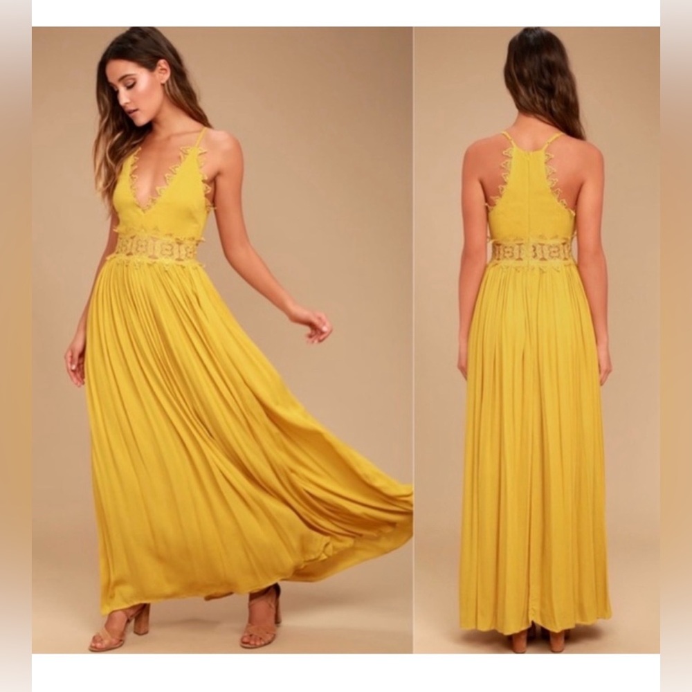 Lulus This Is Love Dress Women Small S Yellow Lace Maxi V-Neck Lined Style 70352